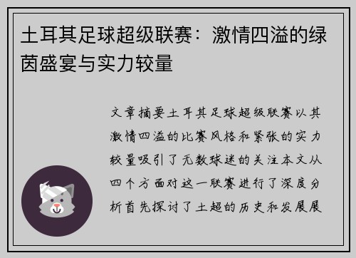 土耳其足球超级联赛：激情四溢的绿茵盛宴与实力较量