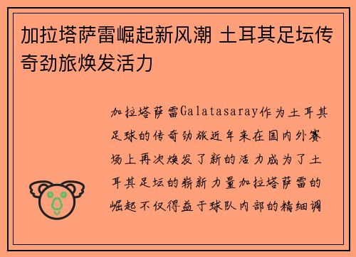 加拉塔萨雷崛起新风潮 土耳其足坛传奇劲旅焕发活力